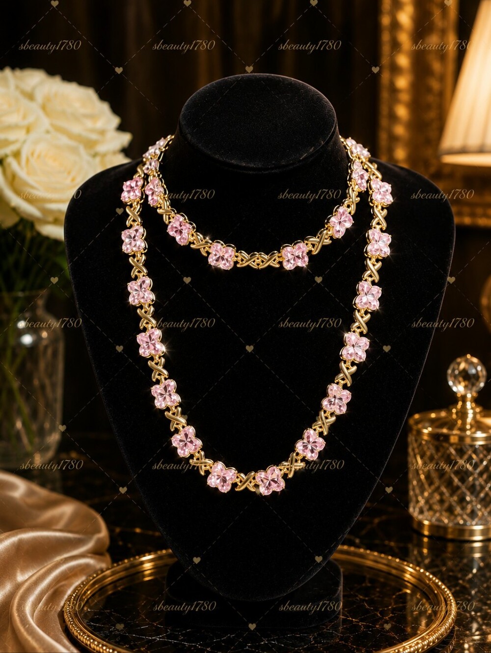 Elegant Pink Crystal Butterfly Gold Necklace And Bracelet Set